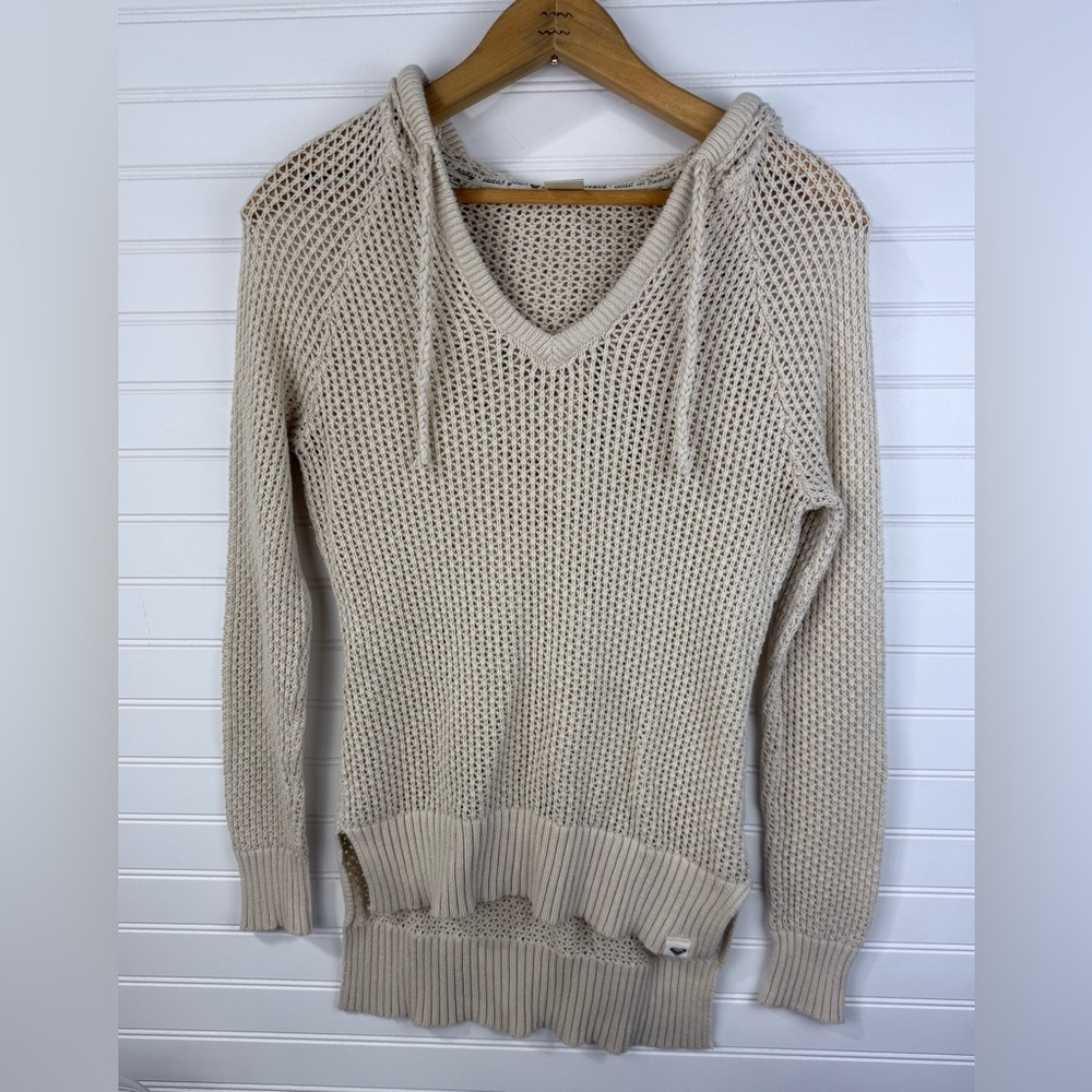 Roxy Cream Open-knit weave V-Neck Hooded beachy cover up Sweater. Size Medium